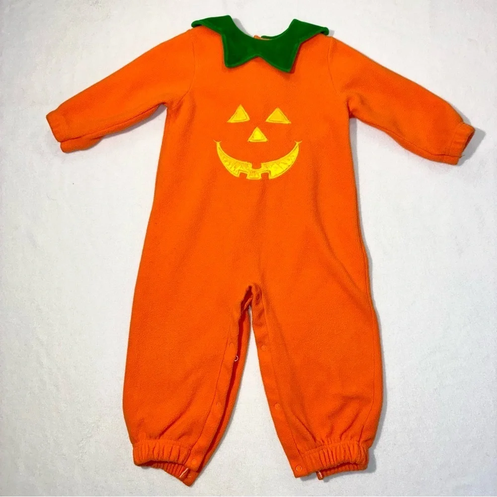 Halloween Pumpkin Costume Toddler 24 Mos Orange One Piece Snap Closure Fleece